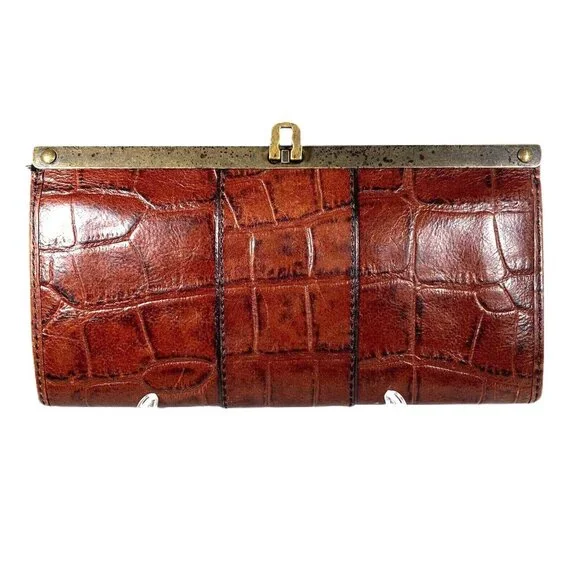 Vtg Fossil Croc Embossed Leather Wallet Clutch Metal Close Multiple pockets - Picture 2 of 12